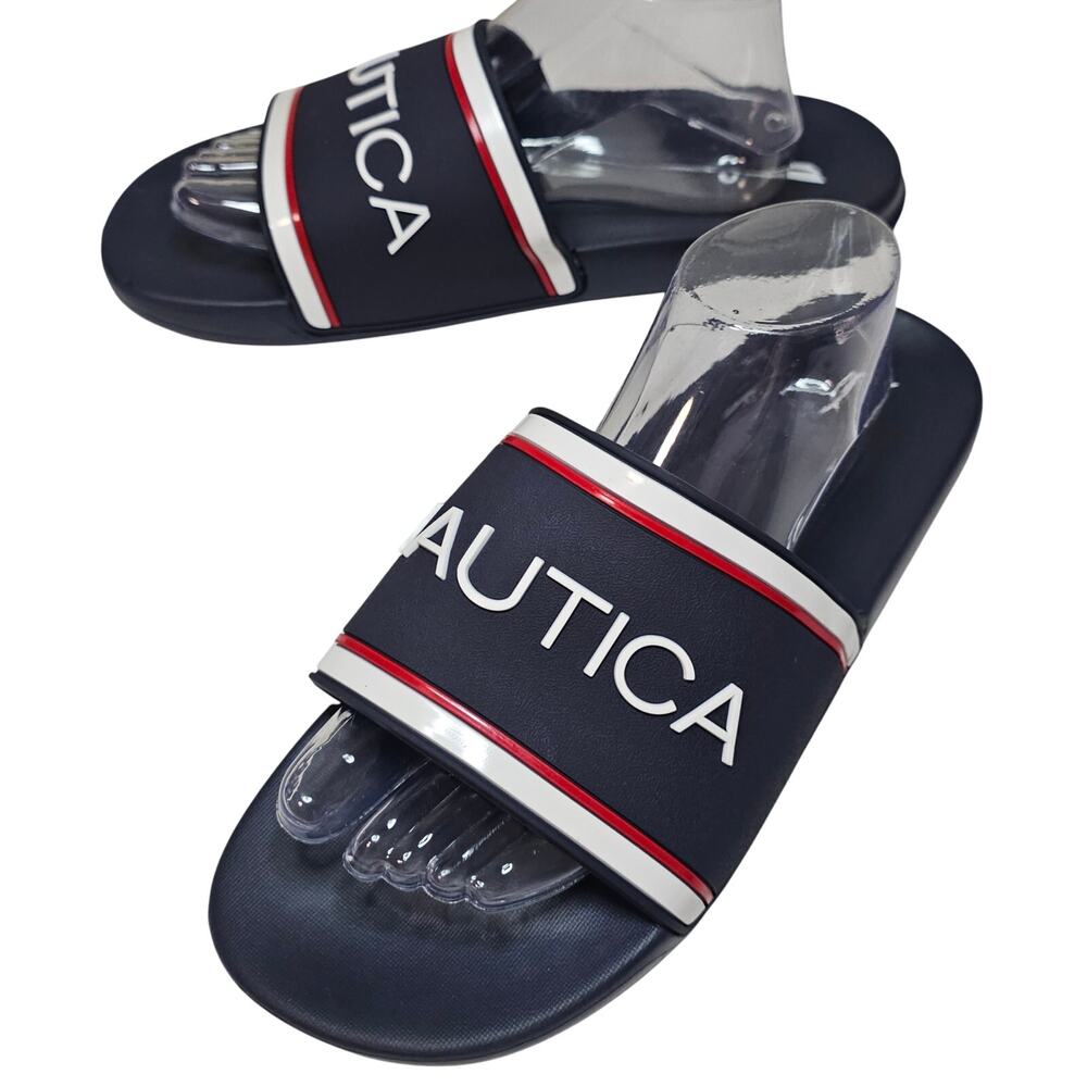 NAUTICA Men sz11 Navy 3D letter logo Slipon Slippers. Beach. Relaxing. Cruise.